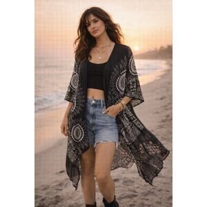 Lotus & Luna Boho Kimono Cardigan Duster Black White Boho Duster Cover Up OS